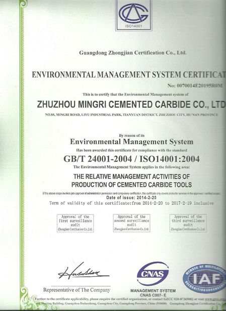 Çin Zhuzhou Mingri Cemented Carbide Co., Ltd. Sertifikalar